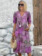 Lorelei - Women's Patterned V-Neck A-Line  Dress