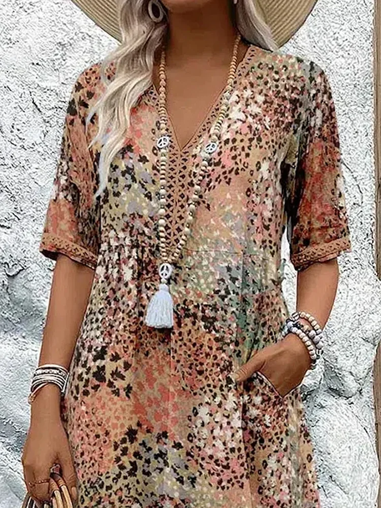 Lorelei - Women's Patterned V-Neck A-Line  Dress