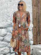 Lorelei - Women's Patterned V-Neck A-Line  Dress