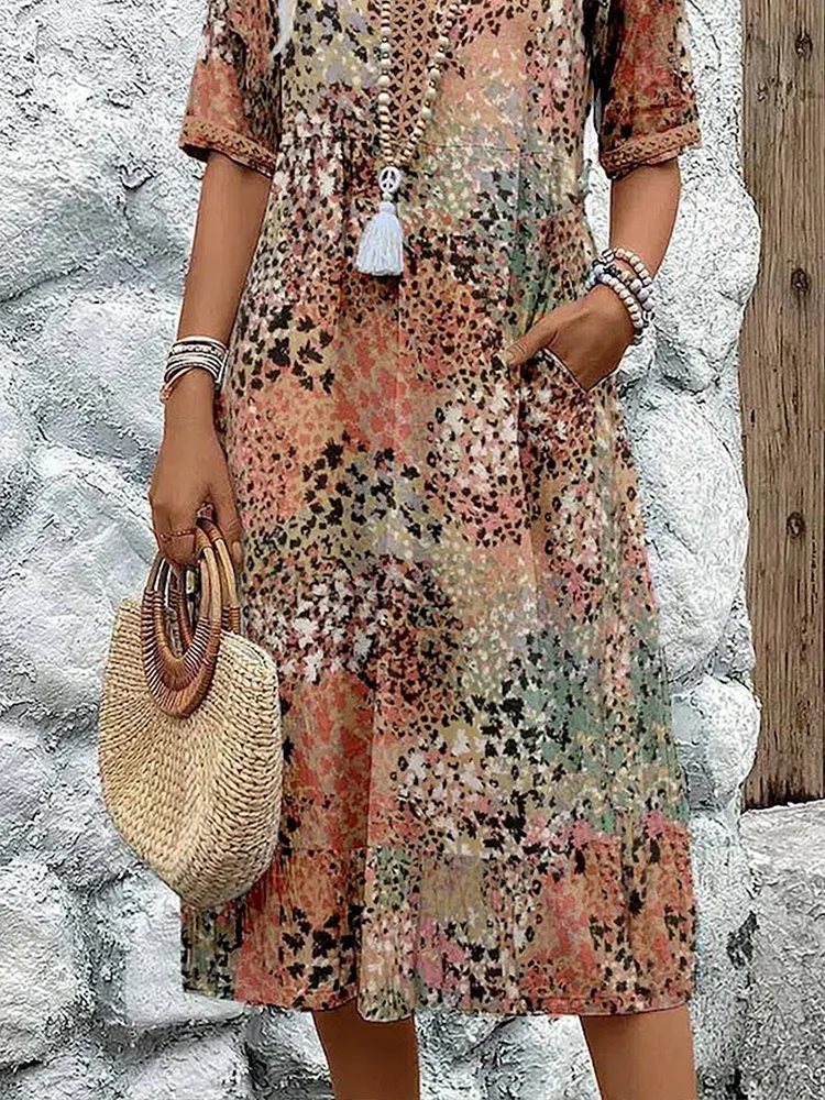 Lorelei - Women's Patterned V-Neck A-Line  Dress