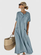 Lovie - Women's Tie-Neck A-Line Dress with Functional Pockets