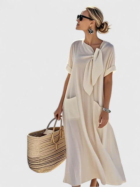 Lovie - Women's Tie-Neck A-Line Dress with Functional Pockets