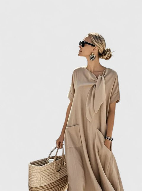 Lovie - Women's Tie-Neck A-Line Dress with Functional Pockets