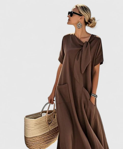 Lovie - Women's Tie-Neck A-Line Dress with Functional Pockets