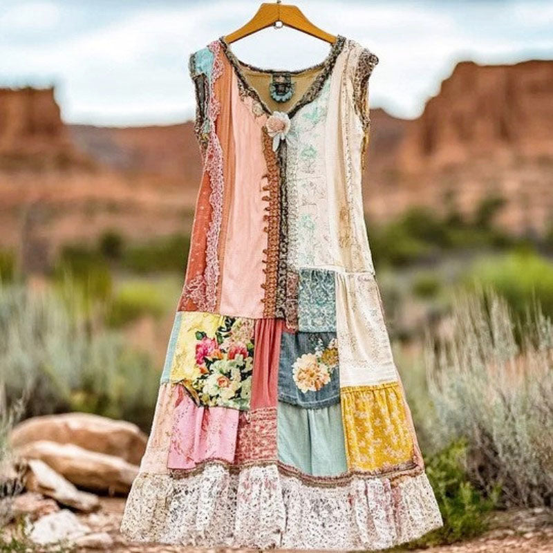 Lucille - Women's Patchwork Tiered Dress with Lace Trim