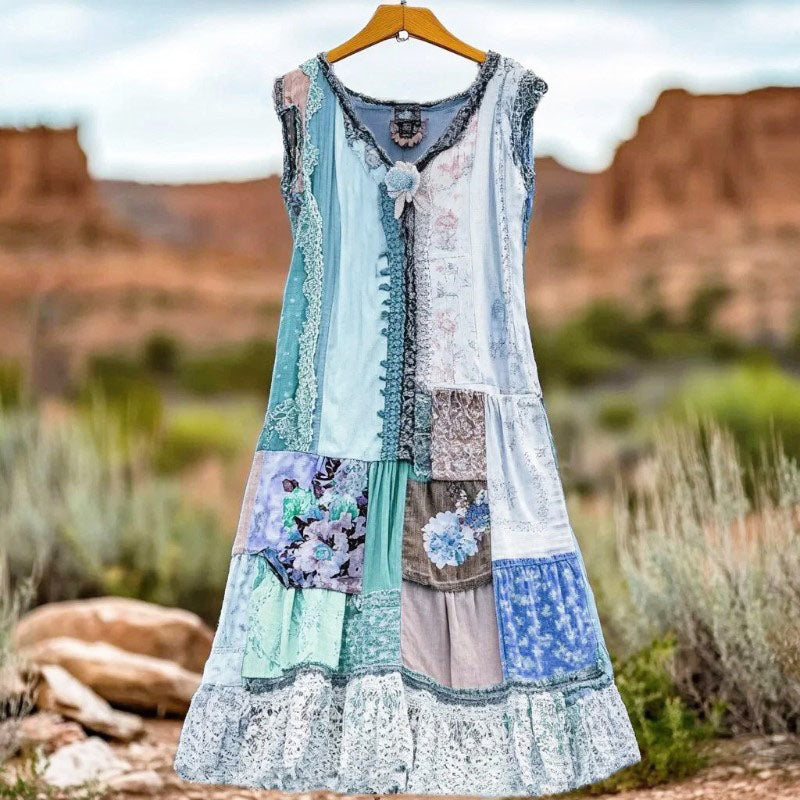 Lucille - Women's Patchwork Tiered Dress with Lace Trim