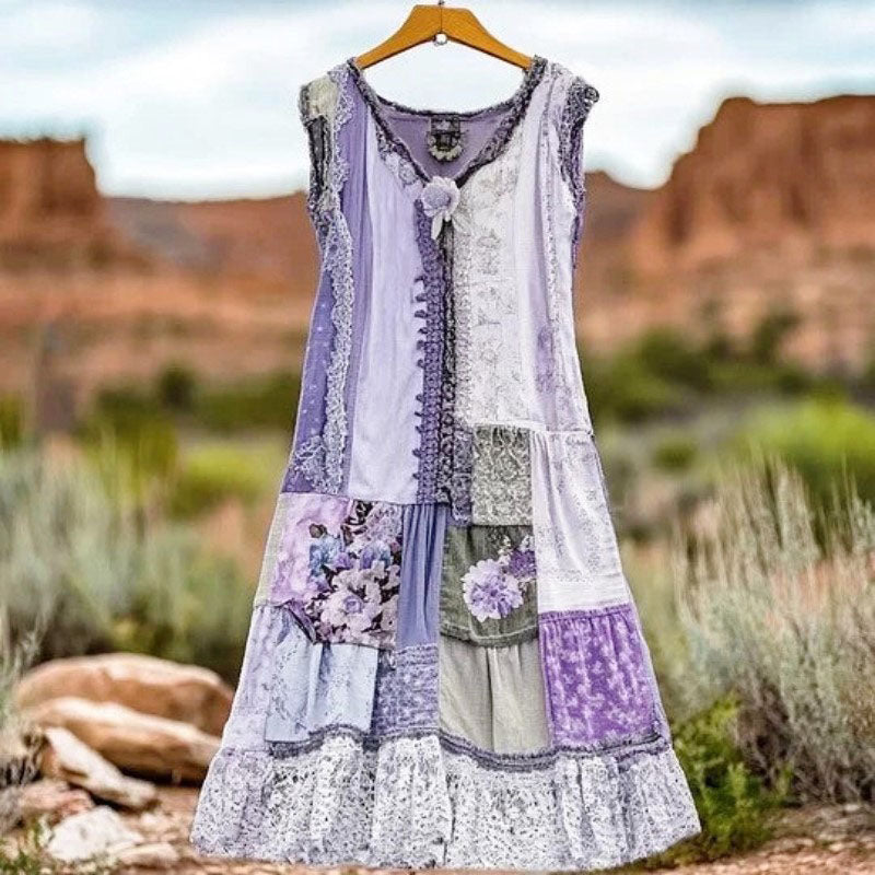 Lucille - Women's Patchwork Tiered Dress with Lace Trim
