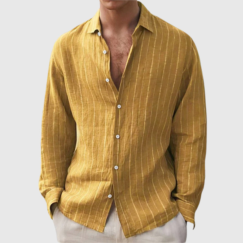 Luke - Men's Relaxed Button-Front Pinstriped Linen Shirt