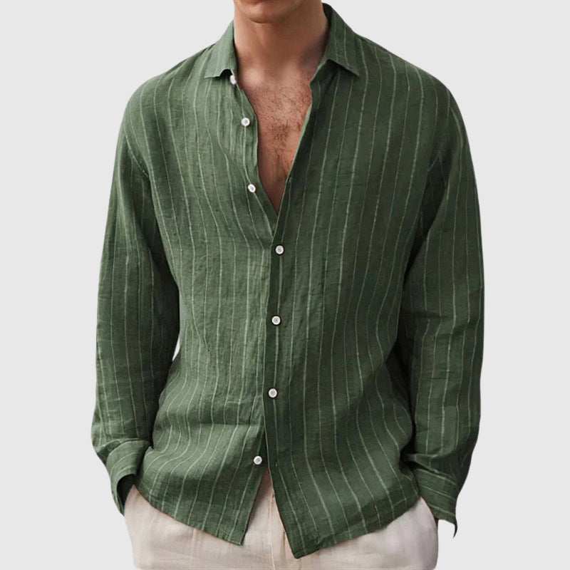 Luke - Men's Relaxed Button-Front Pinstriped Linen Shirt