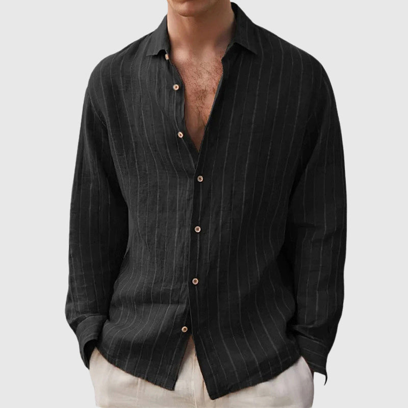 Luke - Men's Relaxed Button-Front Pinstriped Linen Shirt
