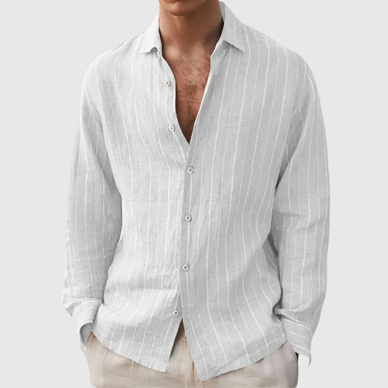 Luke - Men's Relaxed Button-Front Pinstriped Linen Shirt
