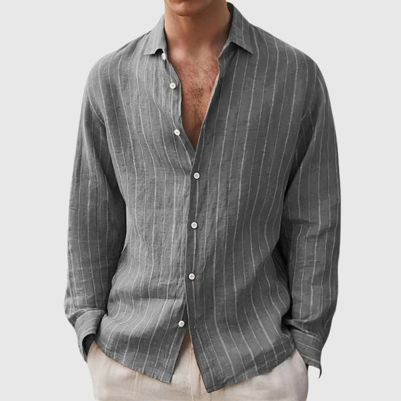 Luke - Men's Relaxed Button-Front Pinstriped Linen Shirt
