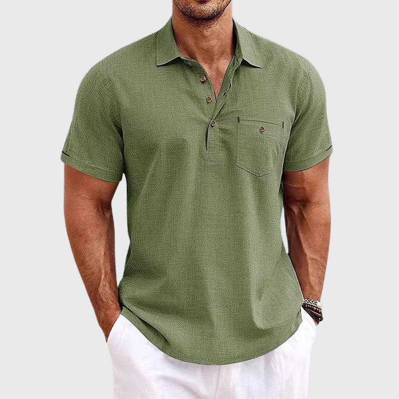 Marcelo - Men's Textured Linen Polo with Chest Pocket