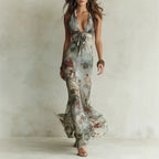 Marga - Women's Floral Halter Plunge Dress