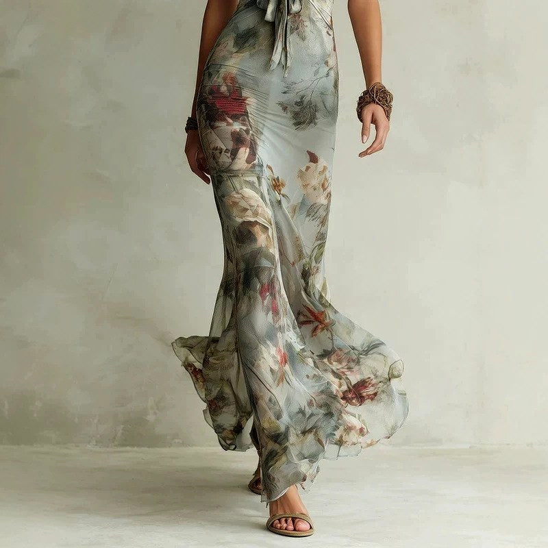 Marga - Women's Floral Halter Plunge Dress