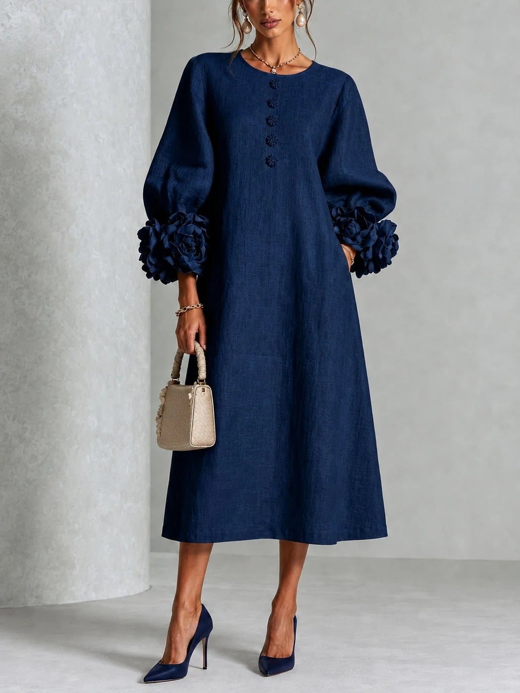 Margaret - Women's Flower-Cuff A-Line Dress