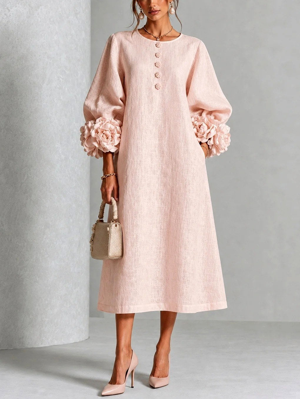 Margaret - Women's Flower-Cuff A-Line Dress