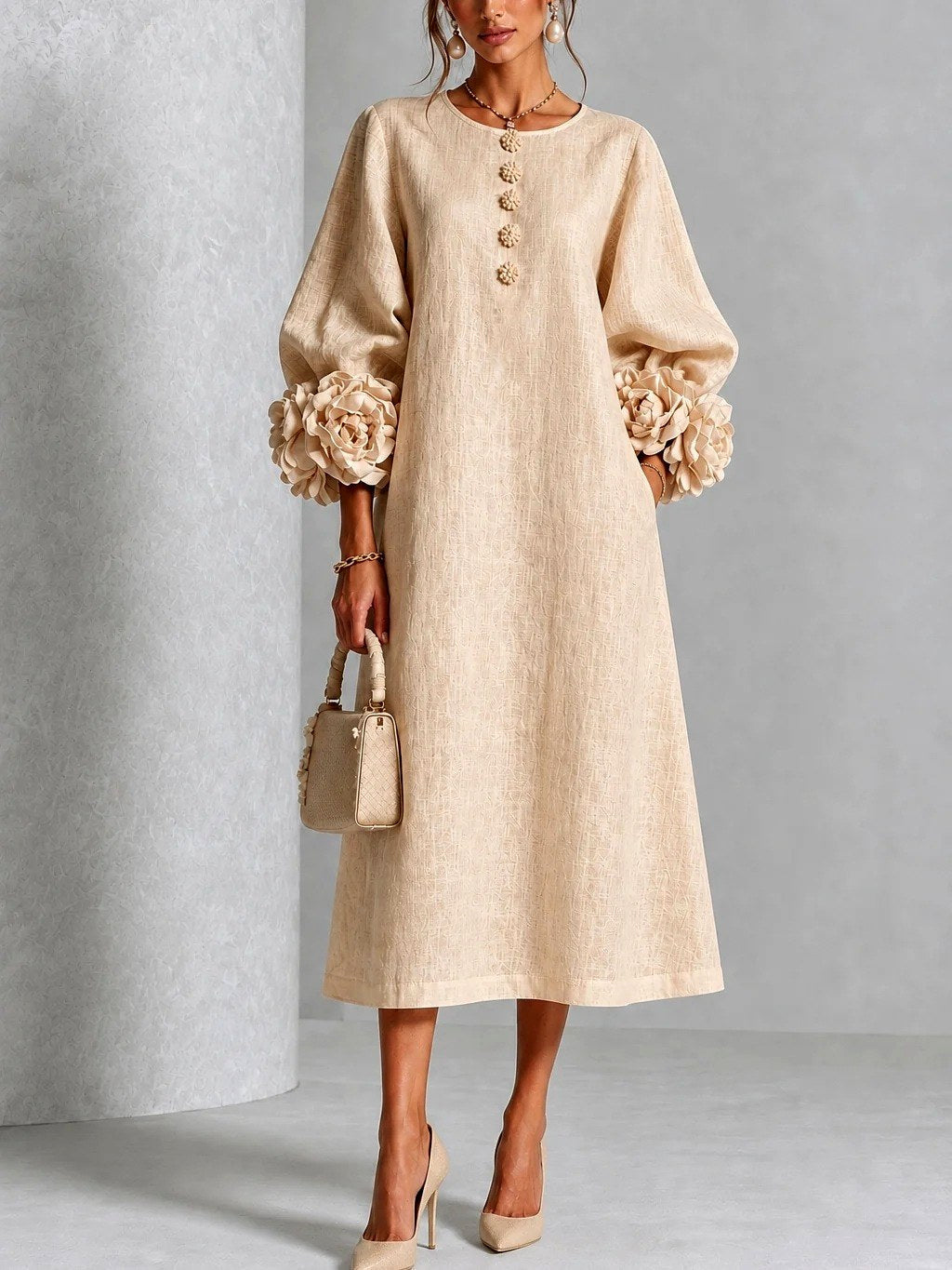 Margaret - Women's Flower-Cuff A-Line Dress