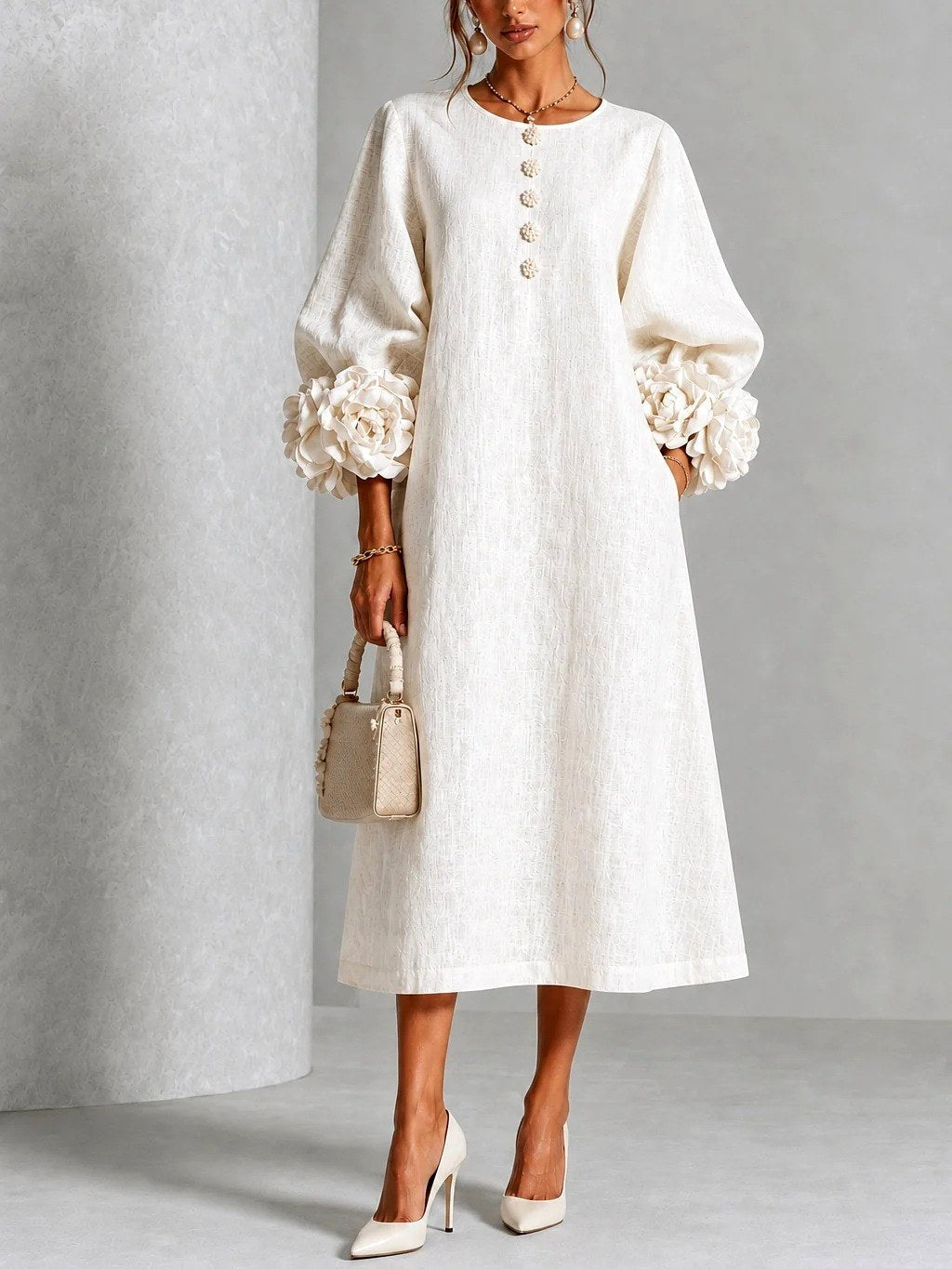 Margaret - Women's Flower-Cuff A-Line Dress