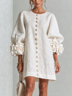Margo - Women's Button-Front Shift Dress with Sculptural Rose Cuffs
