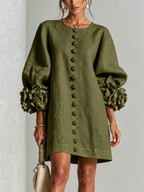 Margo - Women's Button-Front Shift Dress with Sculptural Rose Cuffs
