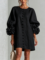 Margo - Women's Button-Front Shift Dress with Sculptural Rose Cuffs