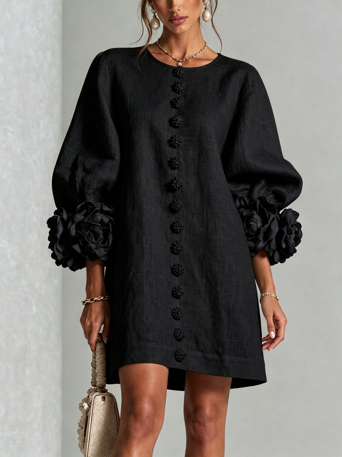 Margo - Women's Button-Front Shift Dress with Sculptural Rose Cuffs