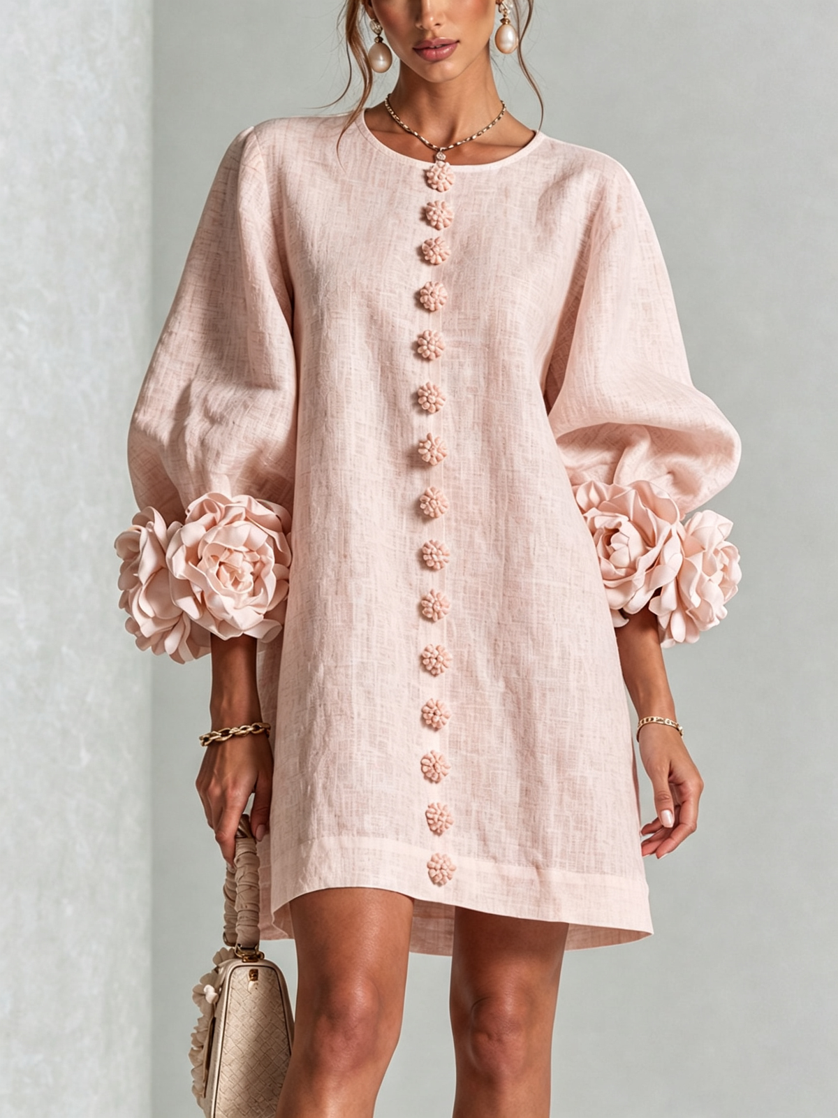 Margo - Women's Button-Front Shift Dress with Sculptural Rose Cuffs