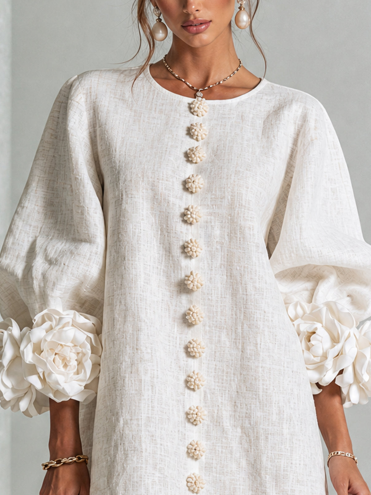 Margo - Women's Button-Front Shift Dress with Sculptural Rose Cuffs