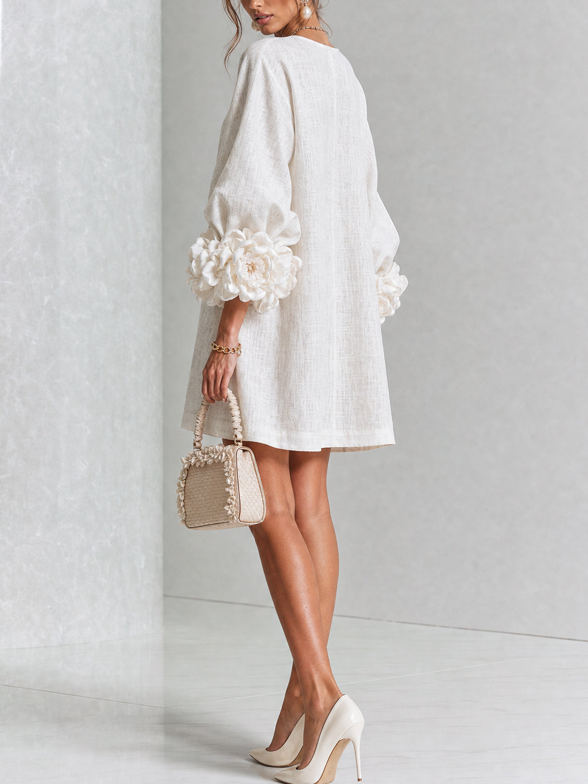 Margo - Women's Button-Front Shift Dress with Sculptural Rose Cuffs