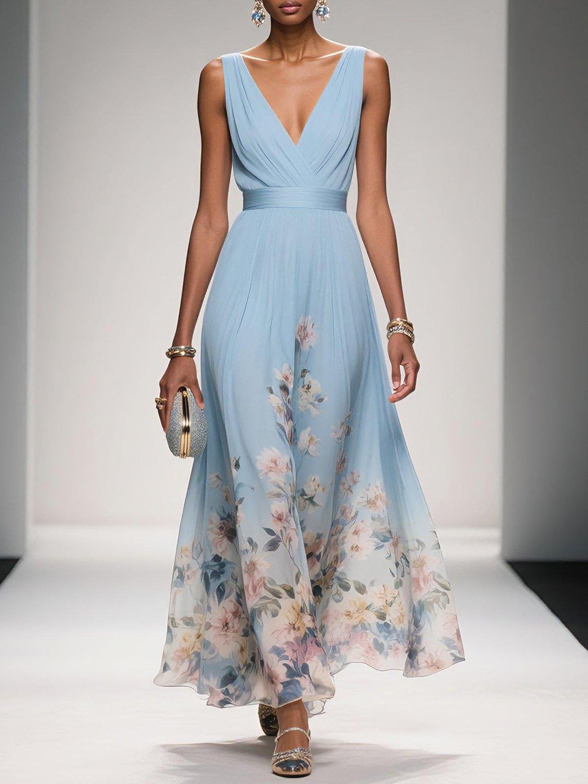 Margot - Women's Floral V-Neck Sleeveless Maxi Dress