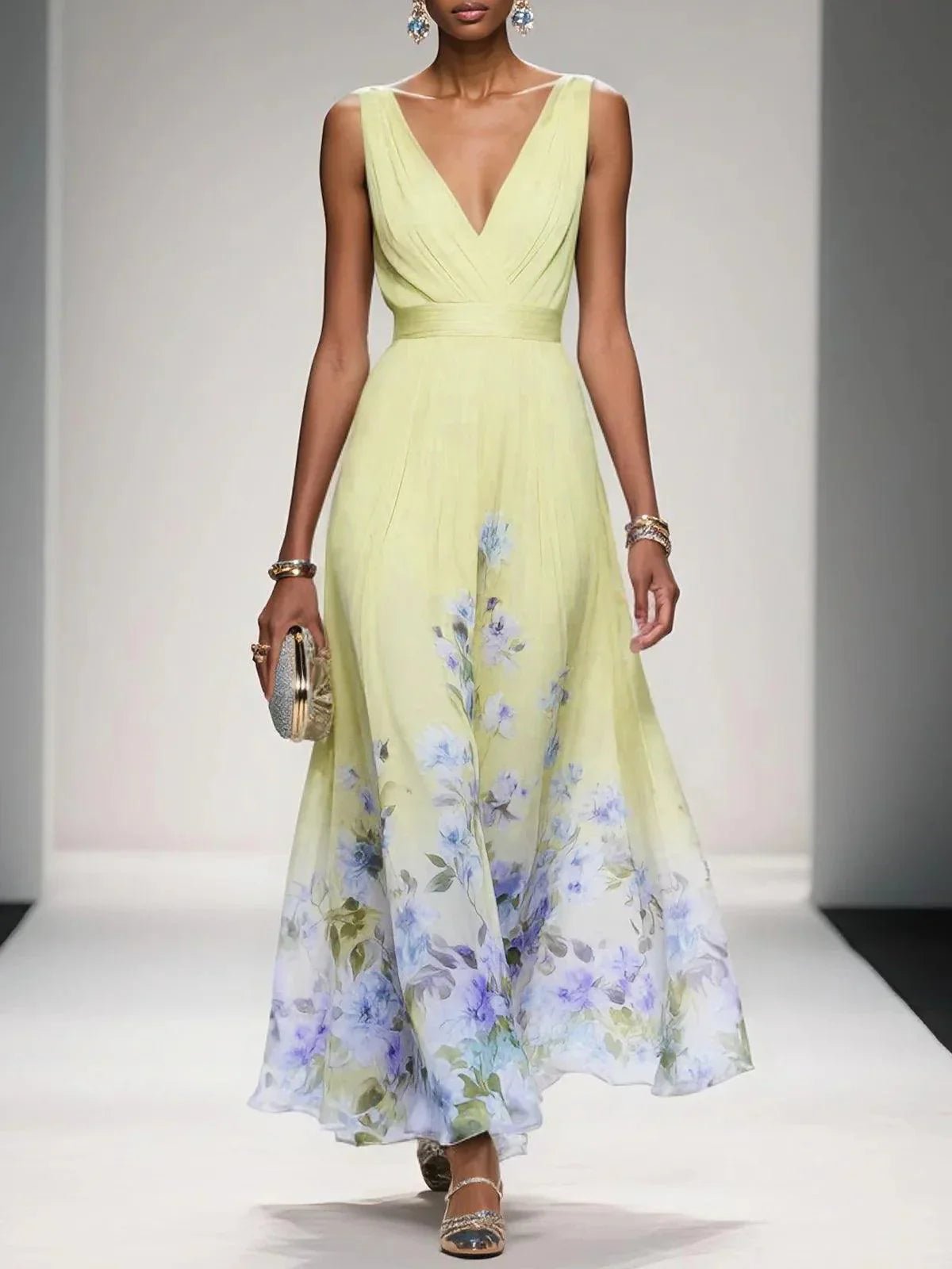 Margot - Women's Floral V-Neck Sleeveless Maxi Dress