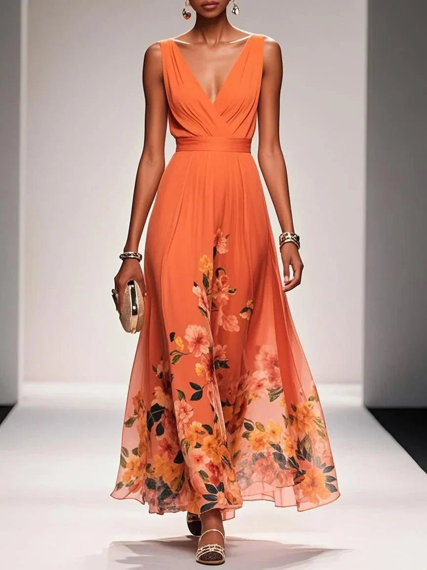 Margot - Women's Floral V-Neck Sleeveless Maxi Dress