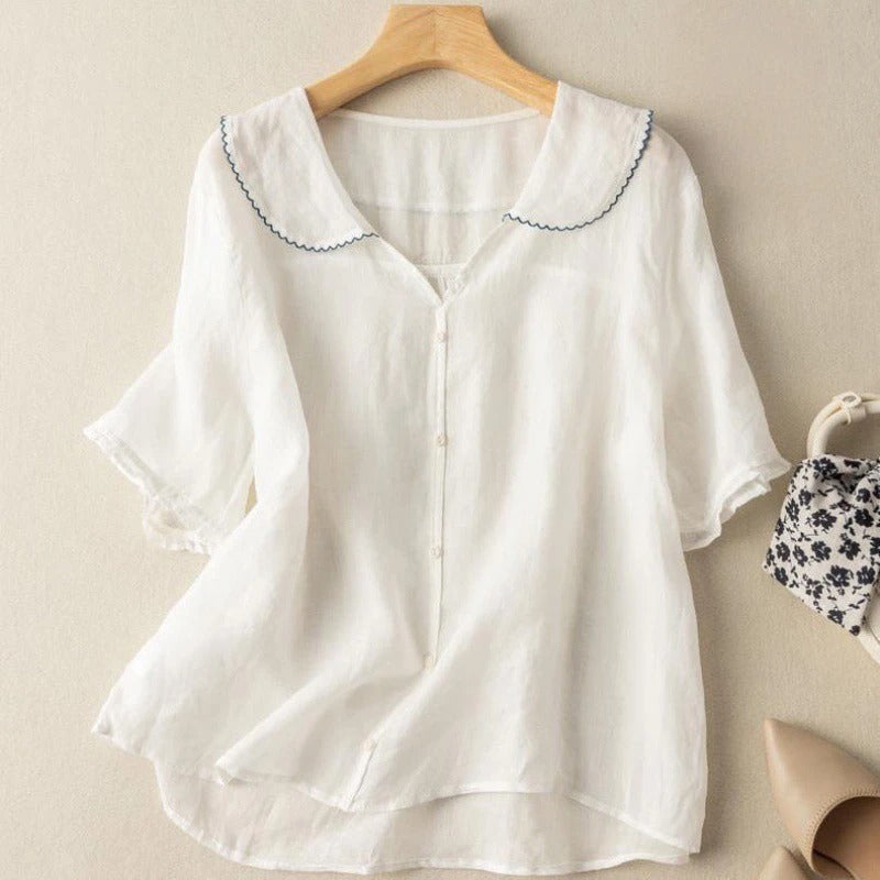 Marielle - Women's Button-Front Blouse with Scalloped Collar