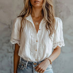 Marina - Women's Button-Front Blouse with Lace Placket 