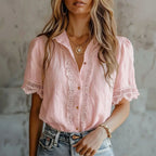 Marina - Women's Button-Front Blouse with Lace Placket 