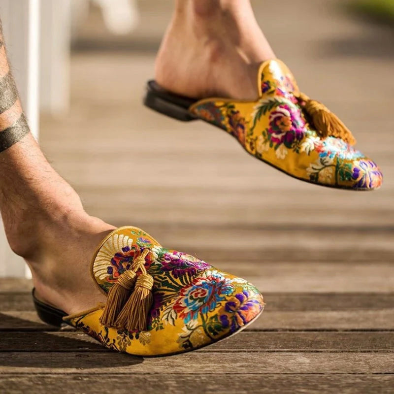 Maximus - Men's Floral Embroidered Tassel Mules