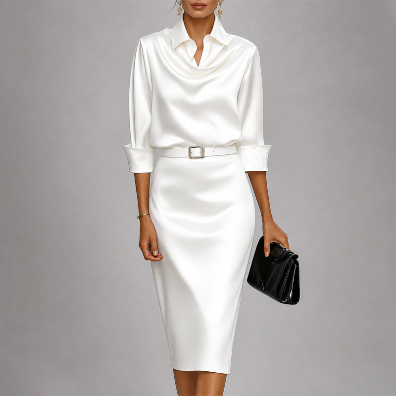 Maya - Women's Belted Collared Satin Dress
