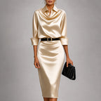 Maya - Women's Belted Collared Satin Dress