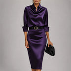 Maya - Women's Belted Collared Satin Dress