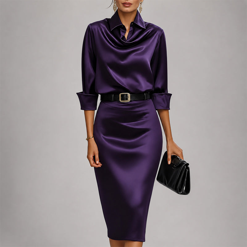 Maya - Women's Belted Collared Satin Dress