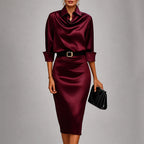 Maya - Women's Belted Collared Satin Dress