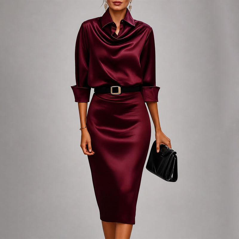 Maya - Women's Belted Collared Satin Dress