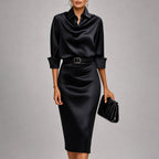 Maya - Women's Belted Collared Satin Dress