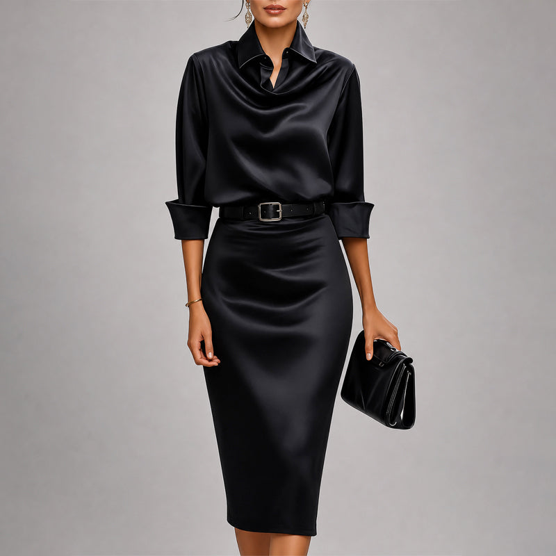 Maya - Women's Belted Collared Satin Dress