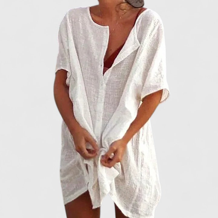 Melody - Women's Button-Front Linen Tunic Dress