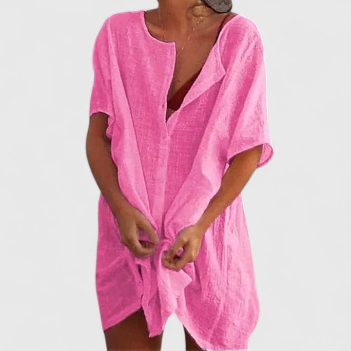 Melody - Women's Button-Front Linen Tunic Dress