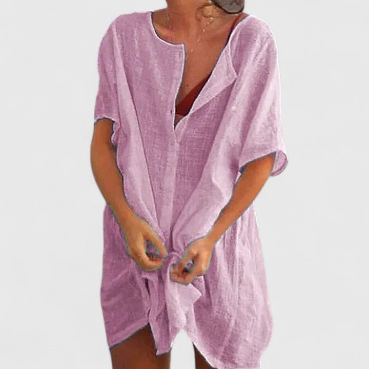 Melody - Women's Button-Front Linen Tunic Dress