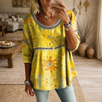 Mireya - Women's Floral Print Blouse with Crochet Trim