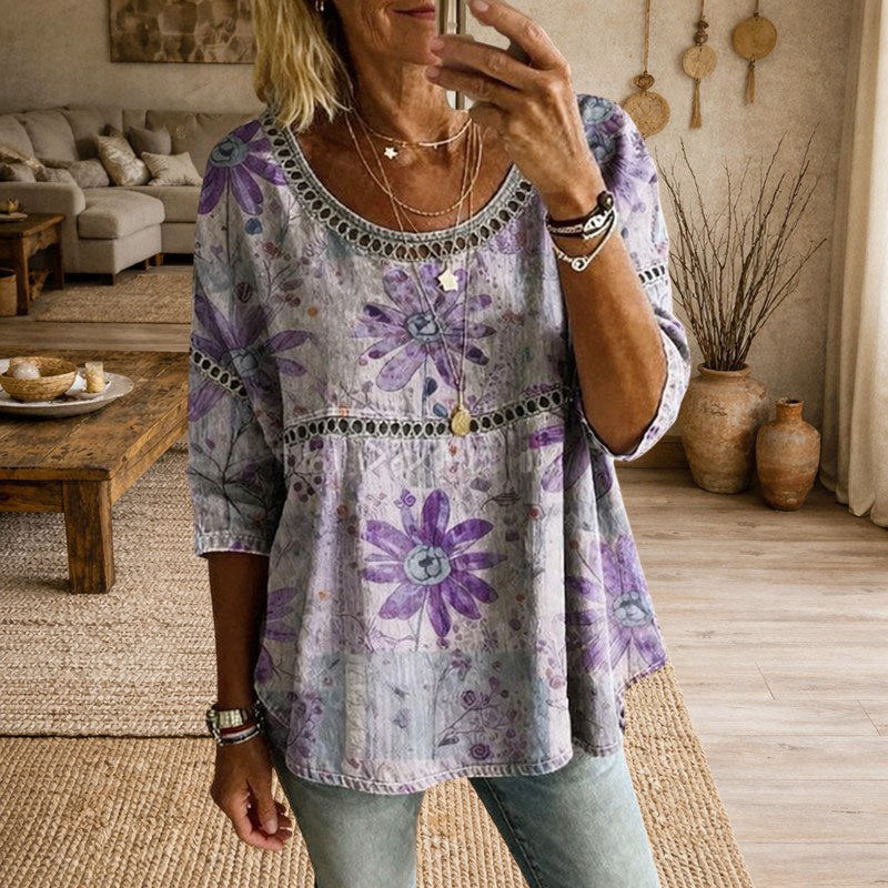 Mireya - Women's Floral Print Blouse with Crochet Trim
